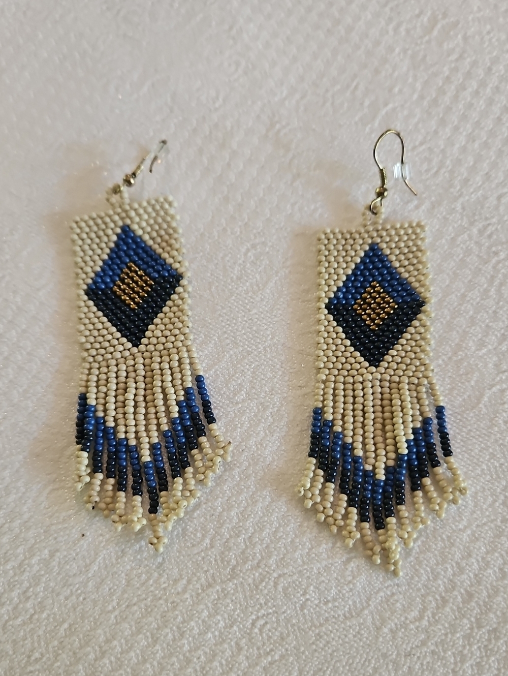 Handcrafted Seed Bead Fringe Earrings - Beige & Blue